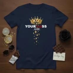 Your Loss, Babe. quote t-shirt with a cracked crown graphic and falling gold accents. Navy tee with white and red
