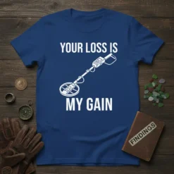 Your Loss Is My Gain metal detectorist t-shirt with white text and a metal detector graphic