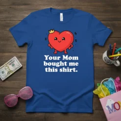 Your Mom bought me this shirt text on a blue t-shirt with a cute cartoon heart wearing a crown and