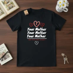 Black t-shirt with white text "Your Mother Your Mother Your Mother AND THEN YOUR FATHER !" and red hearts, featuring