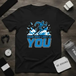 Your Only Limit Is You motivational quote t-shirt with a running man graphic and blue accents