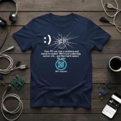 Navy blue t-shirt with white text: ":) Your PC ran into a problem and needs to restart. We're just collecting