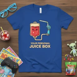 Your Personal Juice Box T-Shirt featuring a kawaii IV bag with a straw, bold yellow text below