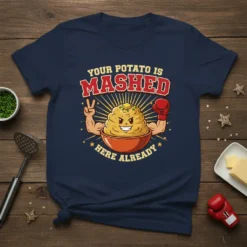 Your Potato Is Mashed Here Already funny mashed potato graphic t-shirt design with boxing gloves and muscular arms