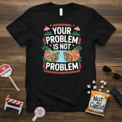 Your Problem Is Not Problem quote t-shirt with cartoon monkeys near a cliff edge and a stop sign