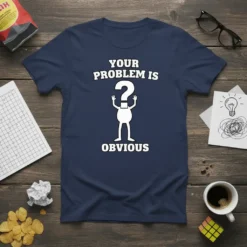 Navy blue t-shirt with white text reading "YOUR PROBLEM IS OBVIOUS" and a graphic of a person with a question