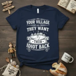 Your Village They Want Their Idiot Back quote t-shirt in white vintage style typography with village graphic