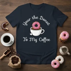 Your the Donut To My Coffee quote on a navy t-shirt with a donut in a coffee cup graphic