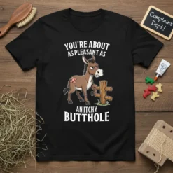 Funny donkey t-shirt with the quote "You're About As Pleasant As An Itchy Butthole" in bold white text