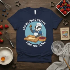 Graphic t-shirt with the quote "You're Doing Okayer Than You Think" featuring a badger chef rolling dough and a pie