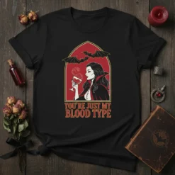 Vampire woman holding a glass of red liquid with text "You're Just My Blood Type" and bats above her