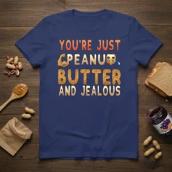 You're Just Peanut Butter And Jealous funny quote t-shirt design with bold typography and food emojis
