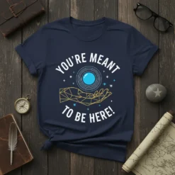 Navy t-shirt with white text "YOU'RE MEANT TO BE HERE!" and a graphic of a hand holding a blue orb