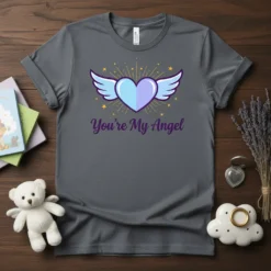 Gray t-shirt with a light blue heart and white wings design, text "You're My Angel" below