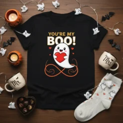 You're My Boo! text above a cute ghost holding a red heart on a black t-shirt, with small hearts and