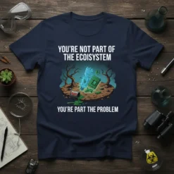 T-shirt with the quote "You're Not Part of the Ecosystem, You're Part the Problem" and a graphic of a polluted