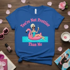 You're Not Prettier Than Me text with a woman on a flamingo float graphic, pink and blue colors, t-shirt design