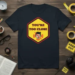 T-shirt with "YOU'RE TOO CLOSE" text and a graphic of a surprised face with a red prohibition sign over it