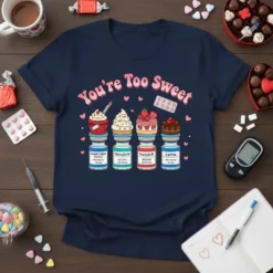 Navy t-shirt with "You're Too Sweet" text above cupcakes and insulin vials, designed for diabetes nurses