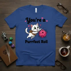 White cat with green eyes rolling a pink D20 dice with text "You're a Purrfect Roll" on a blue t-shirt