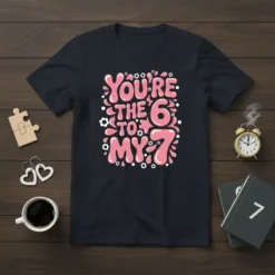 You're the 6 to my 7 quote in pink bubbly font on a navy t-shirt, perfect for couples