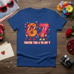 Retro "You're The 6 To My 7" text design with animated numbers 6 and 7 holding hands, hearts, and peace