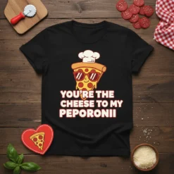T-shirt with "You're the Cheese to My Peporonii" text and a cartoon slice of pizza wearing sunglasses and a chef