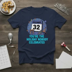 T-shirt with "December 32 You're The Holiday Nobody Celebrates" text and festive graphics, including a calendar, gift, and party hat
