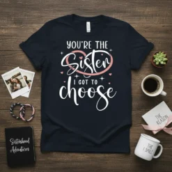 You're The Sister I Got To Choose text design with a pink heart accent on a navy t-shirt