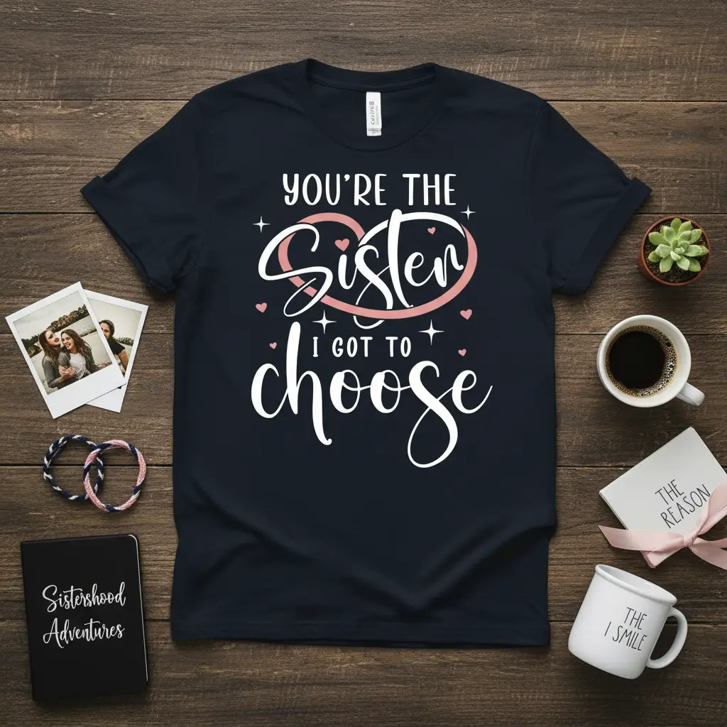 You're The Sister I Got To Choose quote with heart graphic on a navy t-shirt design