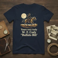 Yours Very Truly W. F. Cody "Buffalo Bill" text with a cowboy riding a horse under a full moon graphic