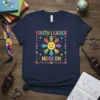 Youth Leader Mode On text with colorful people surrounding a happy sun graphic on a navy t-shirt