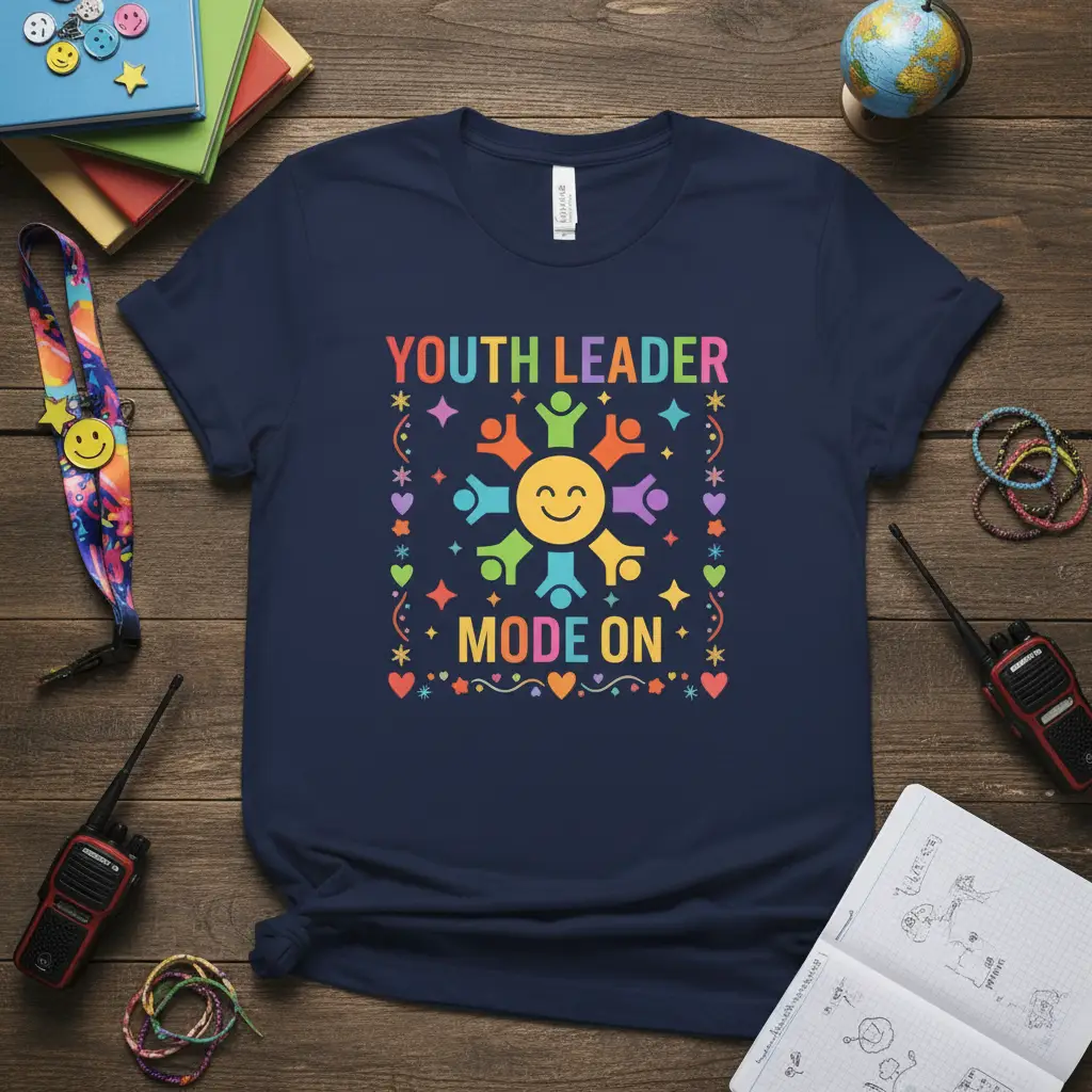 Youth Leader Mode On text with a colorful sun and people graphic on a navy t-shirt
