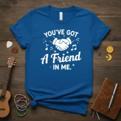 You've Got A Friend In Me quote with handshake and musical notes graphic on a royal blue t-shirt