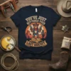 Cowboy bear holding guns standing on biscuits with text "You've Just Buttered Your Last Biscuit" on a navy t-shirt