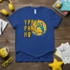 Blue t-shirt with yellow text "Yppy Pan Hu" and a cartoon blue owl with glasses and musical notes, on a