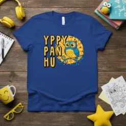 Blue t-shirt with yellow text "Yppy Pan Hu" and a cartoon blue owl with glasses and musical notes, on a