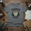Ysomite National Park California t-shirt design featuring mountains, lake, and trees, with text "Ysomite National Park California Sierra Nevada Est