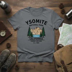 Ysomite National Park California t-shirt design featuring mountains, lake, and trees, with text "Ysomite National Park California Sierra Nevada Est