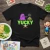 Black t-shirt with "YUCKY BROCCOLI" in neon green, a purple monster pointing at broccoli, and a skull with carrots