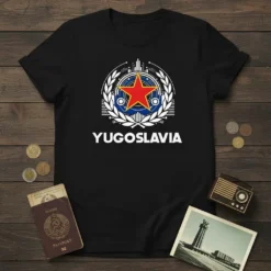 YUGOSLAVIA text with retro socialist emblem, red star, and laurel wreath on black t-shirt