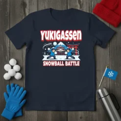 Yukigassen Snowball Battle t-shirt design featuring cartoon characters in a Japanese winter setting