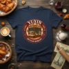 Navy blue t-shirt featuring a circular graphic with "YUYIN ARTISAN BAKERY" text and an illustration of a French bakery facade