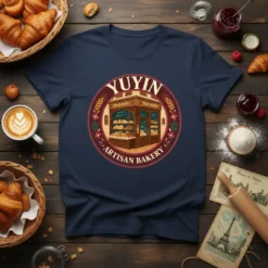 Navy blue t-shirt featuring a circular graphic with "YUYIN ARTISAN BAKERY" text and an illustration of a French bakery facade