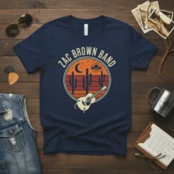 Navy blue t-shirt featuring "Zac Brown Band" text above a retro desert sunset graphic with cacti and a guitar