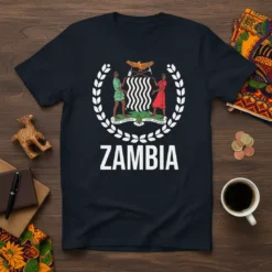 Zambia National Emblem T-Shirt featuring the coat of arms with "One Zambia, One Nation" motto and the country name in