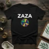 Black t-shirt with "ZAZA" in white block letters above a colorful circular graphic of purple, green, and yellow leaf-like shapes
