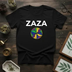 Black t-shirt with "ZAZA" in white block letters above a colorful circular graphic of purple, green, and yellow leaf-like shapes