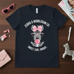 Zebra & Bubblegum Co. Sweet Chic Unique text with a stylish zebra blowing bubblegum, wearing glasses and a bow