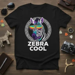 Zebra Cool t-shirt design featuring a zebra wearing retro sunglasses, with text below